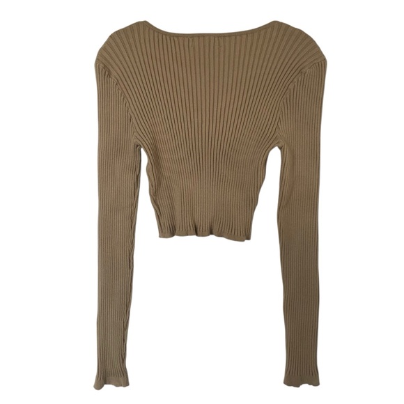 Boutique Brand Womens L Ribbed Knit Long Sleeve Crop Top Mocha Tan Beige NWT - Picture 2 of 8